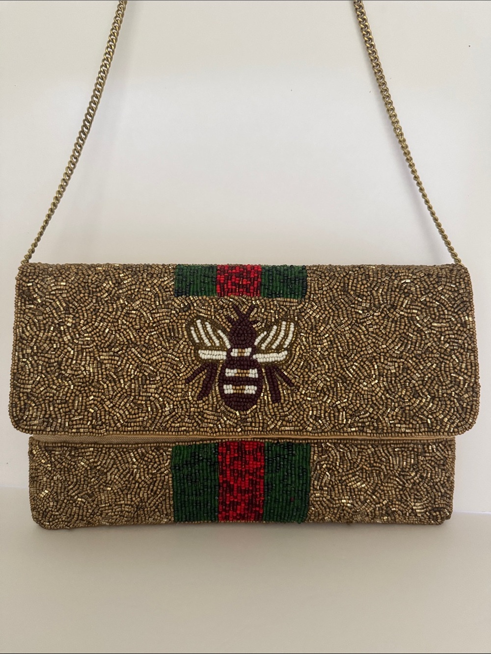 Versona Gold Beaded Clutch with Green and Red Stripes
